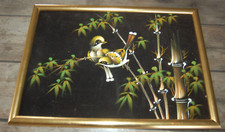 Peinture sur feutrine asiatique , oiseau sur branche de bambou ,cadre doré