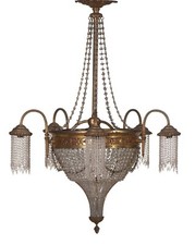 Lustre Mongolfière à Pampilles à 6 Feux avec Perles de Verre et Bronze vers 1920