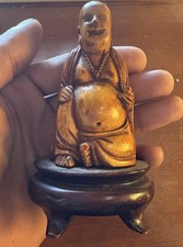 Art D’Asie Statuette Ancienne Bouddha Rieur Sur Socle Bois 