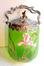 Seau à biscuits, Louis XV, pot Art Nouveau verre vert émaillé Legras: Iris rose