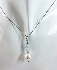 Collier en Argent 925 avec Perle Barocca Blanc 10/12 MM Et Aigue-Marine Naturel