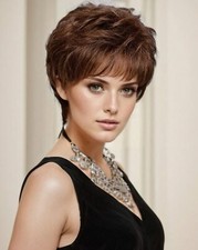 Perruque Synthétique Femme Pixie Brune Châtain Courte Lisse A Frange +4 Bonnet