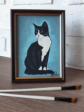 Tableau original huile chat noir et blanc encadré 7 par 5 smoking chat art