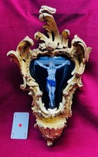 WOOD ENAMELLED HOLY WATER FONT CHRIST CRUCIFIX BENITIER BOIS EMAILLE EMAUX EMAIL