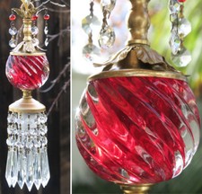 SWAG lamp chandelier crystal prism Vintage Swirl Ruby Red tole Brass fixture old