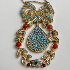 Ancien Fantaisie collier Pendentif  Perle Bleue Corail Vintage Antique Necklace