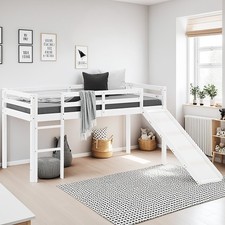 Lit Enfant Mezzanine Jeux Superposé Blanc en Bois 90x200 cm Toboggan Homestyle4u