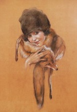Léo FONTAN dessin tableau portrait jeune femme fille enfant 1920 Art Déco renard
