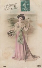 CP 1ER AVRIL FEMME ELEGANTE ROBE TRAINE AVEC POISSONS CANNE A PECHE - 54071