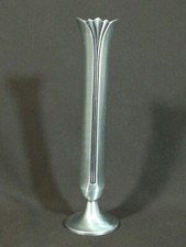 JOLI VASE SOLIFLÔRE STYLE ART DÉCO 1950 EN ÉTAIN BROSSÉ ET VERNI BON ÉTAT 