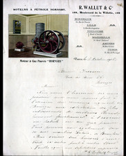 PARIS (XIX°) MOTEURS à pétrole & à gaz HORNSBY "R. WALLUT & Cie" Lettre en 1908