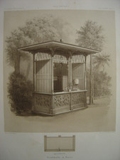 Lithographie d'une buvette à PARIS c1865 Trinkhalle Vue perspective et plan