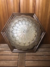 Ancienne Suspension Verre Moulé Doré + Contour Bois Vintage #A360