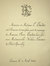 PIERRE EUDES Helene Lacour FAIRE PART MARIAGE Lisieux Petit Quevilly 1885