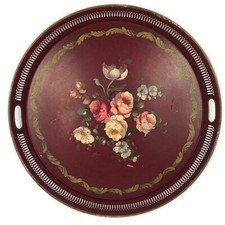 Grand plateau circulaire en tôle peinte à décor de fleurs signé, Napoléon III