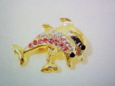 Beautiful Playful Dolphins Yellow Gold Plated Pink Rinestone Crystal Brooch/Pin