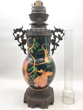 lampe à pétrole XIXe en bronze et faïence émaillée à anses dragons 59cm