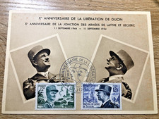 CARTE MAXIMUM TIMBRE MARÉCHAL DE LATTRE & LECLERC LIBÉRATION N°982/84 DIJON 1954