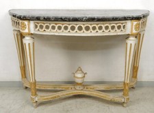 Console demi-lune Louis XVI bois sculpté laqué ajouré marbre gris XVIIIème