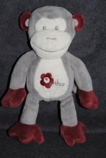 ?Doudou Singe ARTHUR ET LOLA Gris Blanc Fleur Rouge Peluche 25 Cm Garçon TTBE