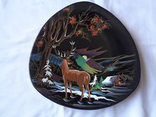 ASSIETTE TRIANGULAIRE EMAUX LONGWY GRAND FEU  COLLECTION "GIVRE" CERF NATURE