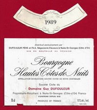 MB33 Étiquette BOURGOGNE HAUTES COTES DE NUITS 1989, DUFOULEUR prop-récolt Nuits