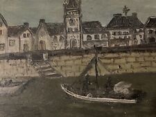 Très Belle Peinture 1950 Huile sur Panneau Océan bateau peche Pêcheur Bretagne