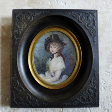 BELLE PEINTURE MINIATURE XIXème PORTRAIT JEUNE FEMME beau CADRE en GUTTA PERCHA