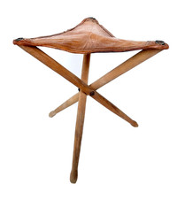 Tabouret tripode 1900- 1930 en bois et cuir, chaise de voyage portative