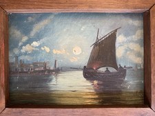 Tableau Peinture Huile sur Bois - Marine. Pêche. Voilier. Barque. Nuit Lune 1900