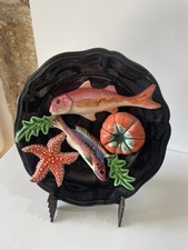 assiette barbotine Trompe L Œil poisson coquillage vintage vallauris Marseille