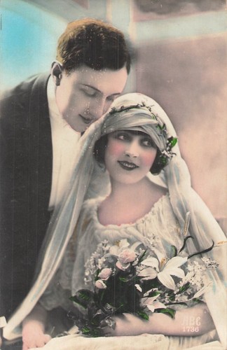 Couple maries fleurs voile - cp,