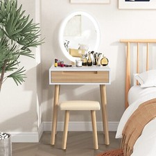 Coiffeuse avec miroir ovale lumière LED à intensité variable et tabouret en bois