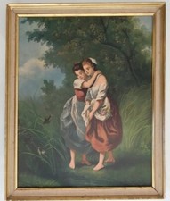 Tableau toile tendue vintage de deux jeunes filles, Tableau Ancien