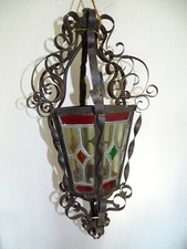 LANTERNE ANCIENNE VITRAUX FER FORGÉ OLD LANTERN LIGHT STAINED GLASS 60cms