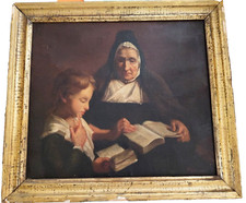 Tableau huile sur toile scène d'une religieuse donnant une leçon de catéchisme