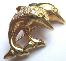 broche bijou vintage rétro double dauphin cristaux diamant couleur or * 3015