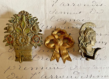 Set 3 Antique French Hooks Flowers, Bust, Cache Clou Picture Hook Cover c1890