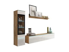 Mur De Salon 3 Pièces Chêne Wotan Blanc Brillant Sans Poignée 76628151