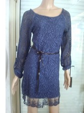 ROBE TUNIQUE VOILE ET DENTELLE BLEU MARINE + CEINTURE NEUVE T 38/40/42