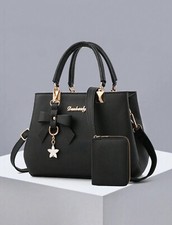 2X Sac Noir Simili Cuir Fourre Tout + Porte Monnaie - Ensemble 2 Pièces