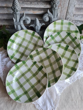 6 ANCIENNES ASSIETTES CREUSES A CARREAUX VERT MOULIN DES LOUPS