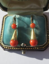 Rares boucles d’oreilles dormeuses pendantes anciennes XIXe corail or 18 carats
