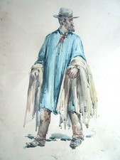 Aquarelle encadrée, Art Déco / Nouveau, signée FRIGO, Le vendeur de foulards