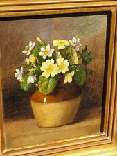 Tableau ancien signé.  Bouquet de Fleurs.  Peinture huile sur panneau de bois.