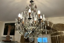 Lustre 6 feux bronze cristal taillé pampilles pendeloques couteaux XIXème