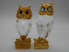PAIRE DE FIGURINE / STATUETTE HIBOU / CHOUETTE EN CRISTAL & MÉTAL DORÉ