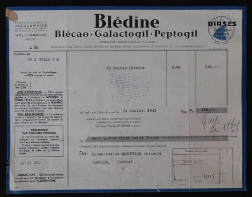 Facture 1943 villefranche - 1943,
