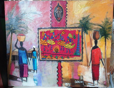 Tableau Alexandre Sokoh  Huile sur toile Dance Africaine Signée