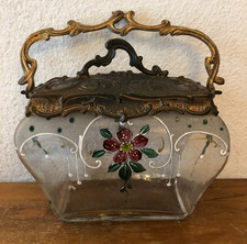 ❤️TRES BEAU ANCIEN SEAU A BISCUITS VERRE ÉMAILLÉ décor floral  Legras Monjoy *